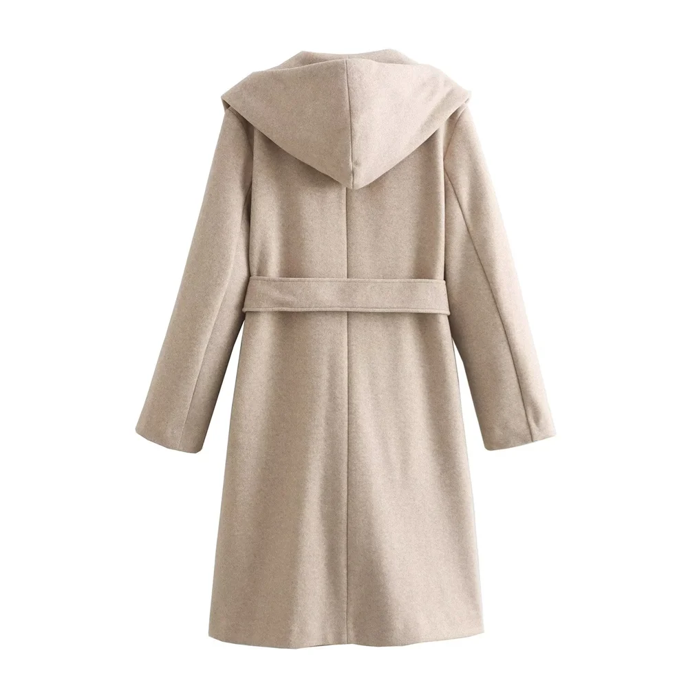 PB&ZA 2023 Autumn and Winter New Women\'s Fashion and Temperament Mid Length Belt Loose Coat Hooded Woolen Coat