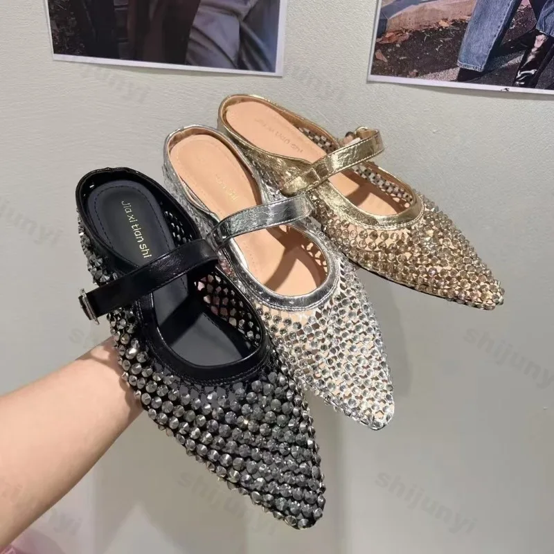 

Summer Women Slippers 2025 New Rhinestone Leisure Slipper Retro Pointed Toe Metal Buckle Fashion Half Slipper Sandalias De Mujer