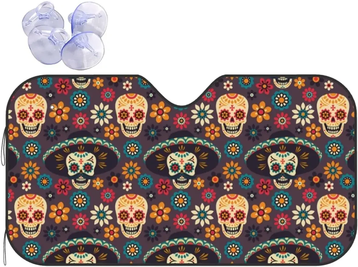 Day of The Dead Sugar Skull Flower Car Windshield Sunshade Sun Visor Protector Front Window Sun Shade Cover for Car SUV Truck