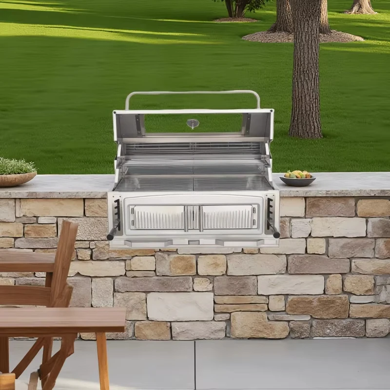 304 Stainless Steel Built-in Charcoal Grill with 4-Side Ventilation System Detachable Collector for Outdoor Kitchen