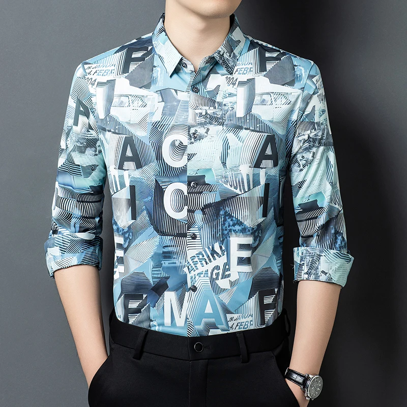Trendy 3D Print Brand Shirts For Men Long Sleeve Anti-Wrinkle Spring Quality Polyester Elastane Silky Handsome Camisas De Hombre