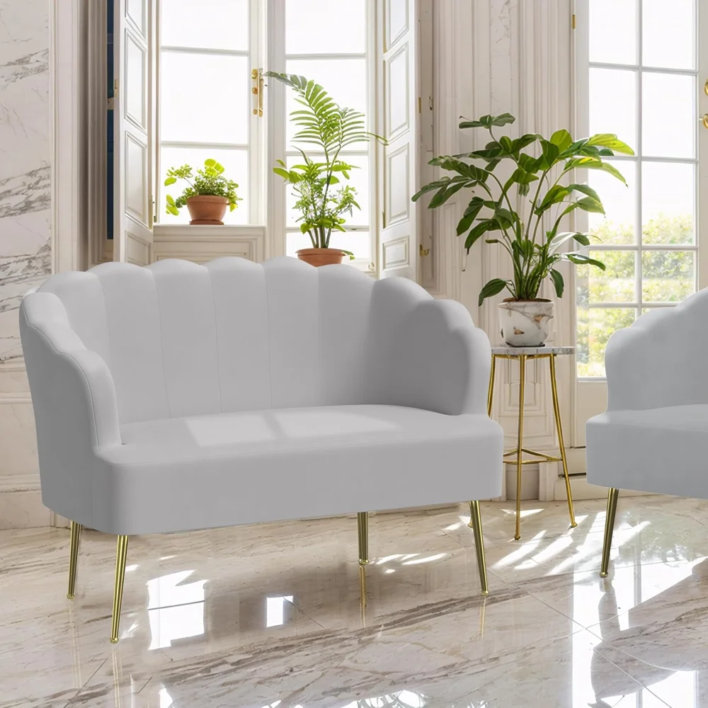 Velvet Sofa Modern Upholstered Armchair with Flower Shaped Backrest 2-Seater Sofa with Gold Metal Legs