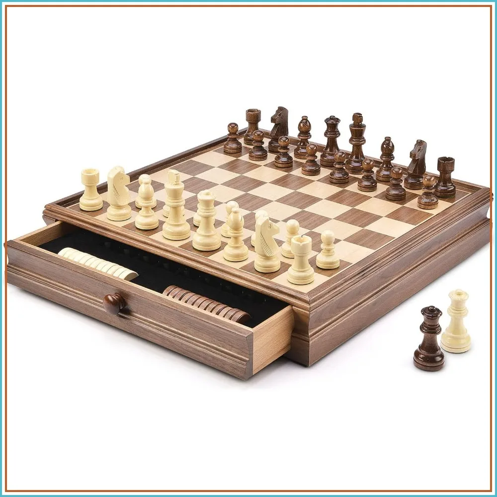 

15x15 Wooden Chess & Checkers Set with Storage Drawers, Weighted Pieces, Extra Queens, 24 Checkers, Classic 2-in-1 Board Game for Adults