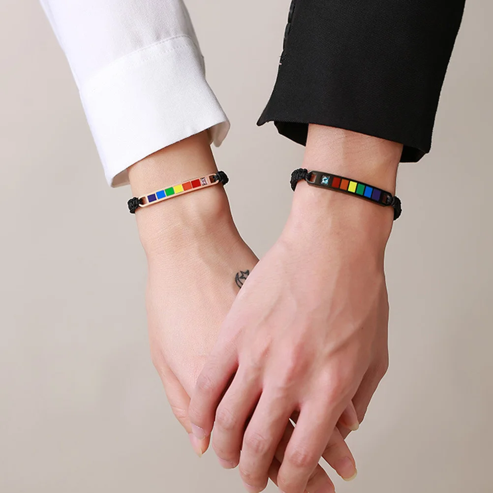 1Pair Adjustable Titanium Steel Zircon Nylon Lovers Bracelets Rainbow Weaving Wrist Ropes Punk Vintage Street Stylish Gifts