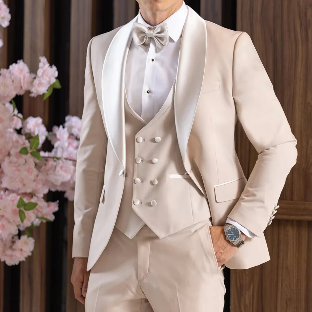 

Мужской костюм из 3 предметов бежевого цвета с белыми лацканами для свадьбы, дня рождения, деловых мероприятий, банкетов, офисной работы, комплект смокинга: пиджак, жилет и брюки