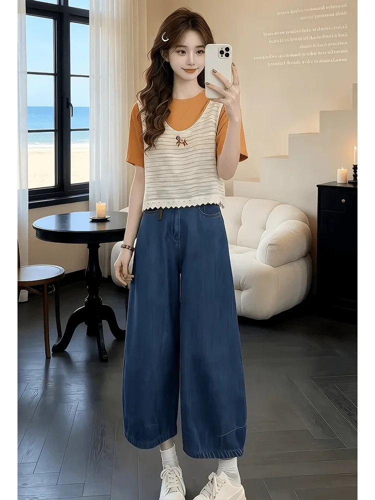 

Casual Loose Women's Summer 2026 Fashionable Two-Piece Set Short Sleeve T-Shirt Nine-Piece Jeans High Waist Breathable Mid-Thick