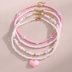 New Jewelry Pink Love Butterfly Pendant Imitation Pearl Rice Beads Handmade Beaded Children Necklace suit Good Friend Gift