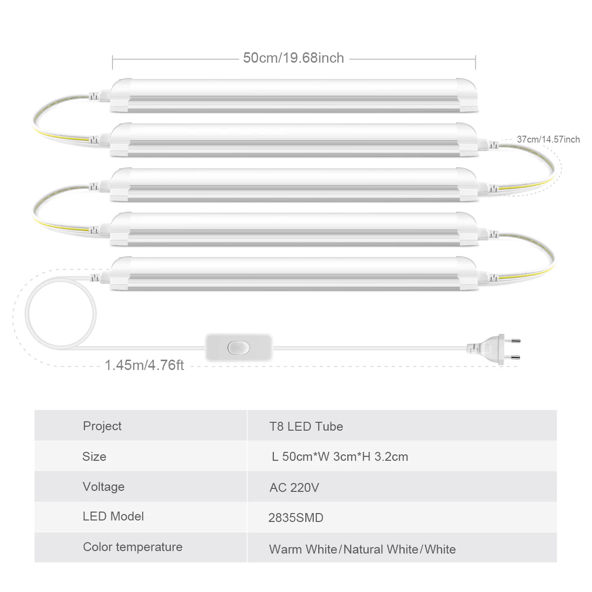 AC220V EU Plug T8 LED Tube Light 25W 50cm, LED Bar, Ceiling Wall Lamp, Flicker-Free,Commercial Office Home Room Kitchen Lighting