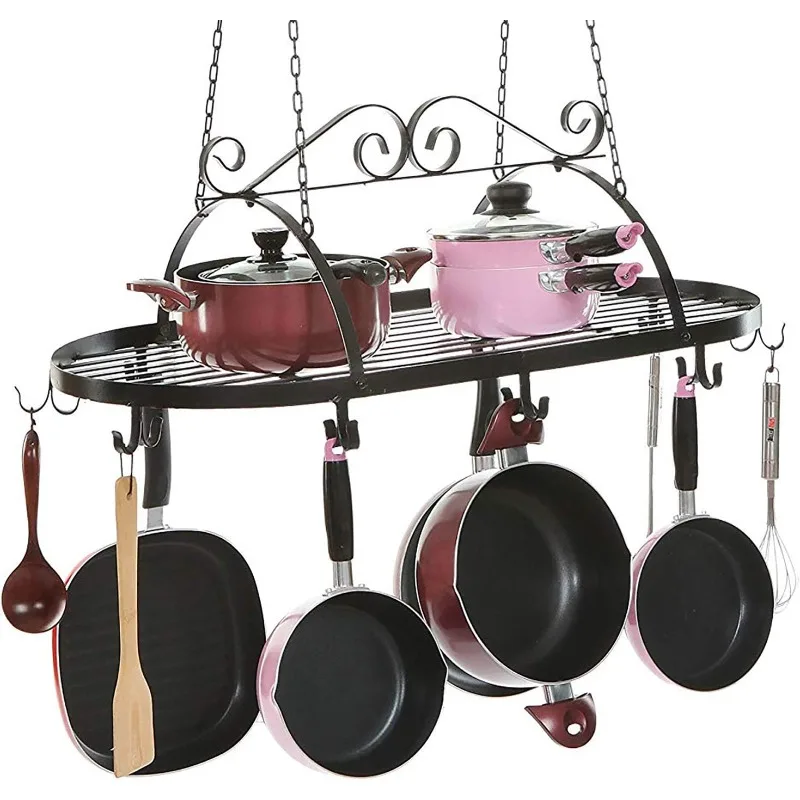 MyGift Black Scrollwork Metal Pot and Pan Ceiling Hanging Rack Heavy Duty Cooking Pans and Utensil Hanger with 10 Dual Hooks