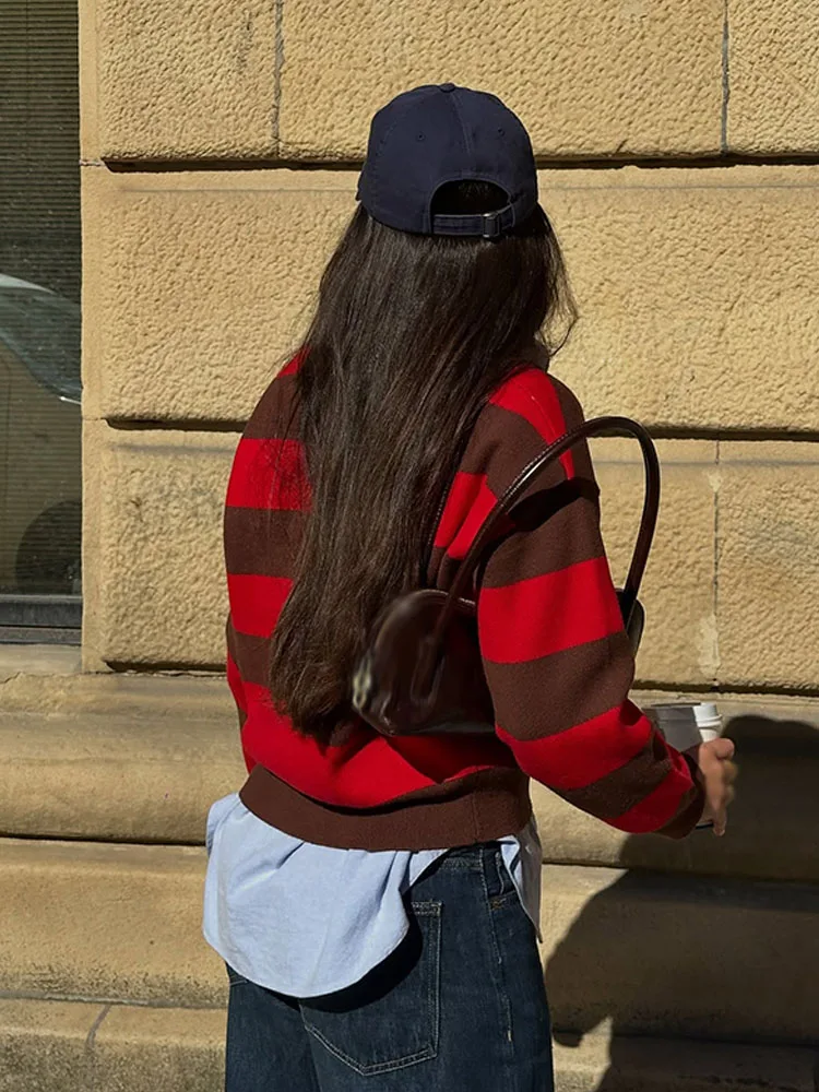 

HH модная уличная одежда, свободный ленивый воротник-поло, полосатый женский свитер, женский осенний тонкий вязаный пуловер с длинными рукавами, топ, 2 цвета