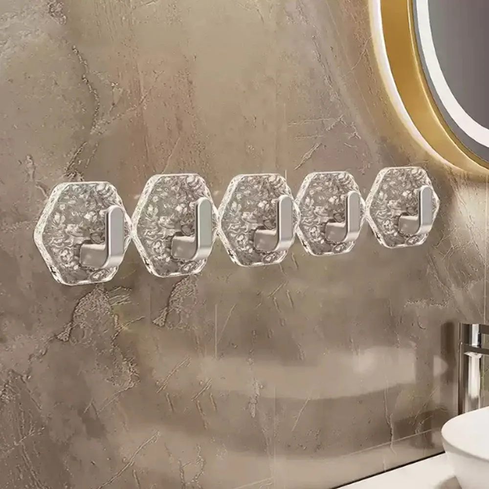 5Pcs Hexagonal Shape Self Adhesive Hooks Heavy Duty Water Ripple Texture Adhesive Hooks Rustproof Waterproof No Drill Hooks