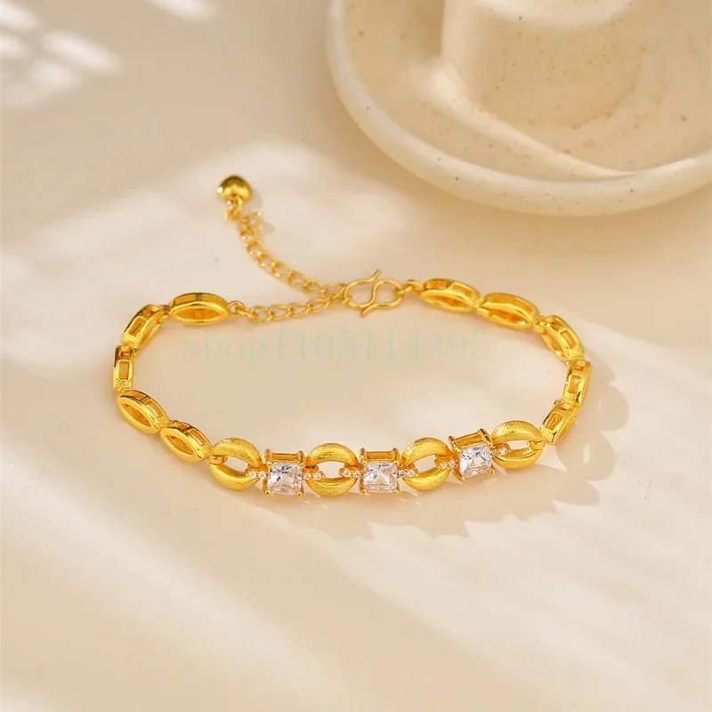 

Luxury 24K 9999 Pure Gold real gold Women's Moissanite Square Diamond O-shaped Bracelet Opening Adjustable Bracelet