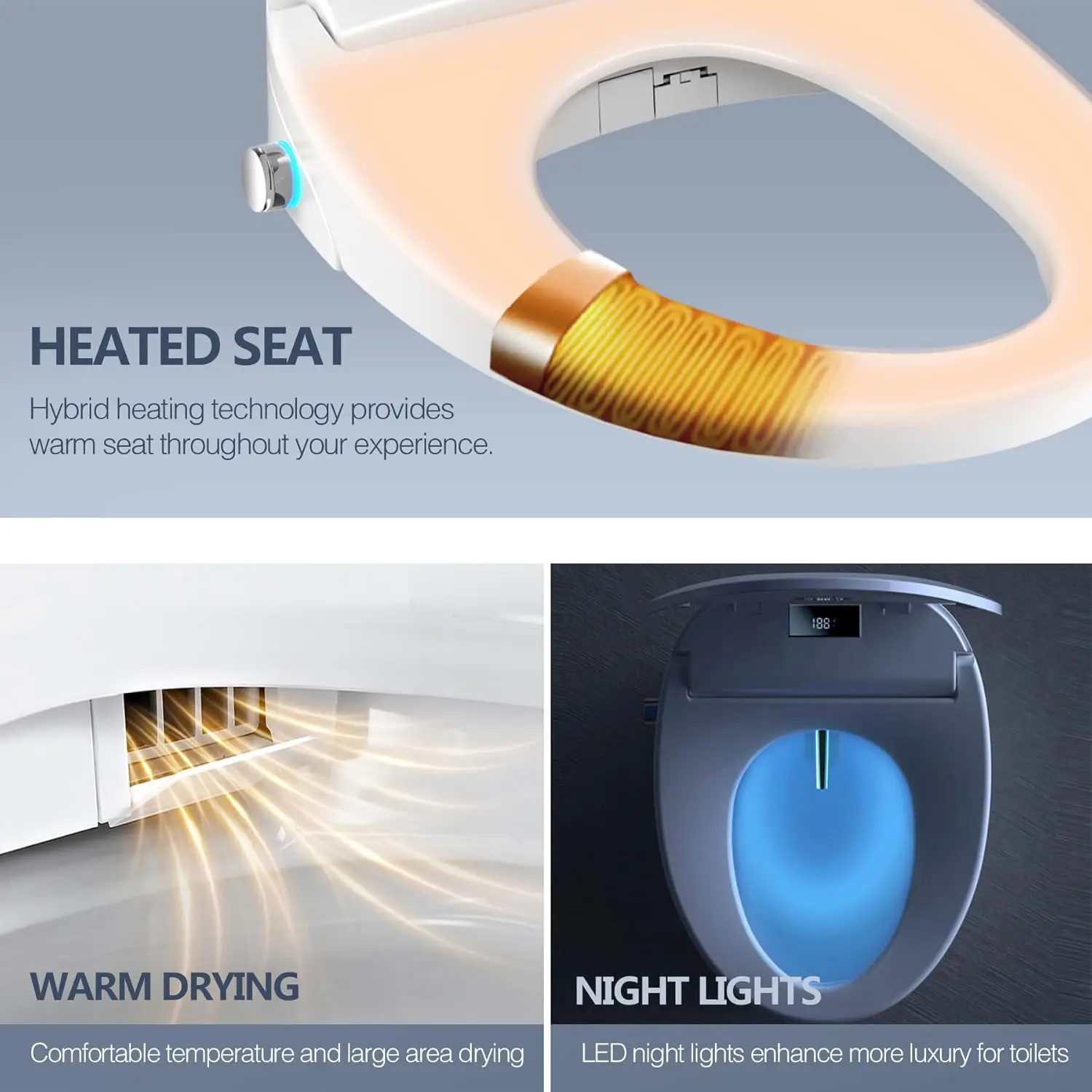 Asiento de inodoro redondo con Control remoto, asiento calentado electrónico con bidé ilimitado, limpieza de agua caliente, secador de aire caliente