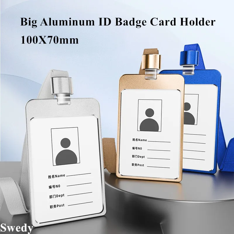10 Pieces Big 100*70MM Aluminum Alloy Office Worker ID Card Badge Holder With Neck Lanyard Working Card Name Holder Protector