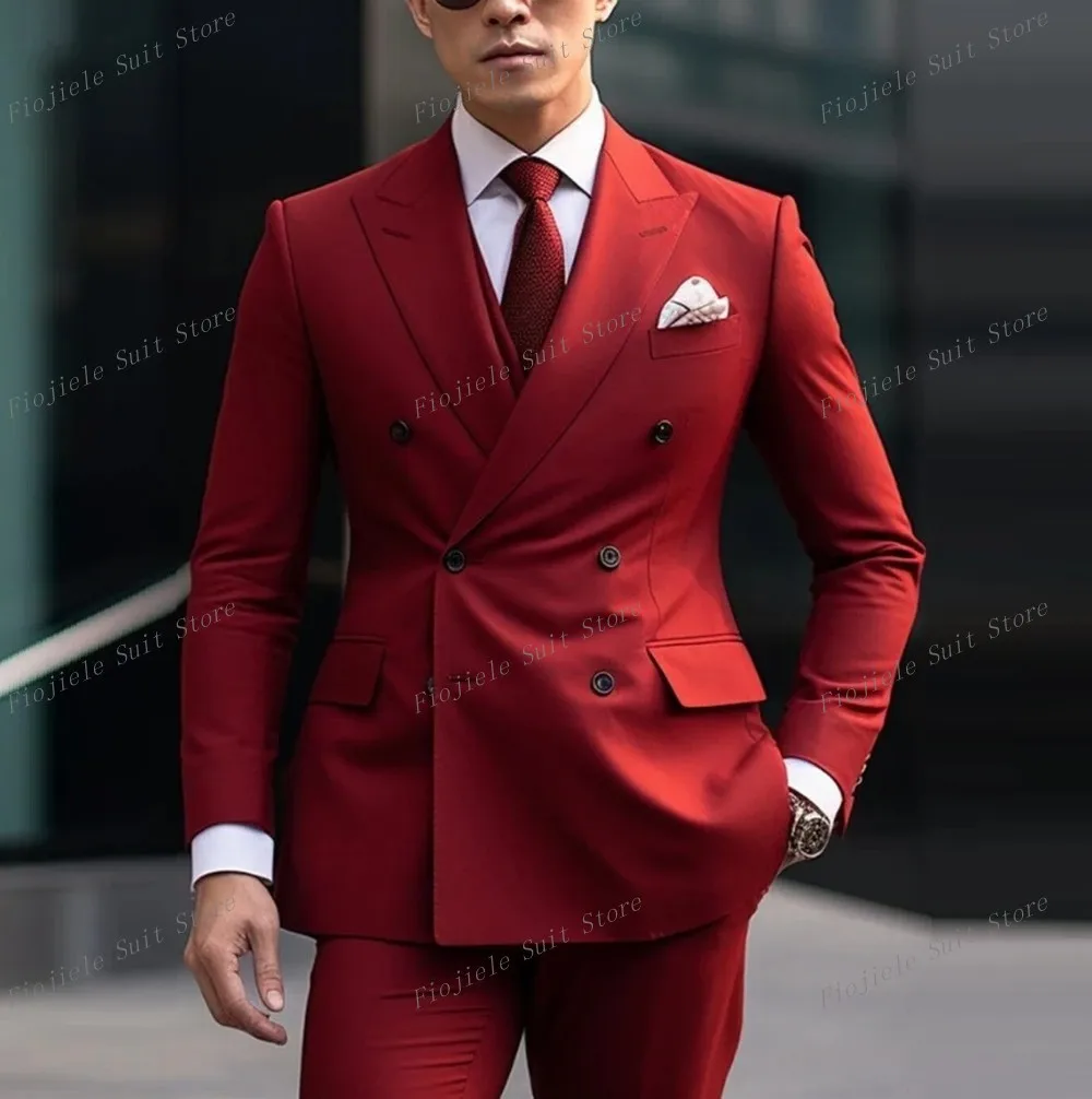 

New Red Formal Occasion Men Suit Groom Groomsman Wedding Party Prom Business Casual Male Tuxedos 2 Piece Set Blazer Pants