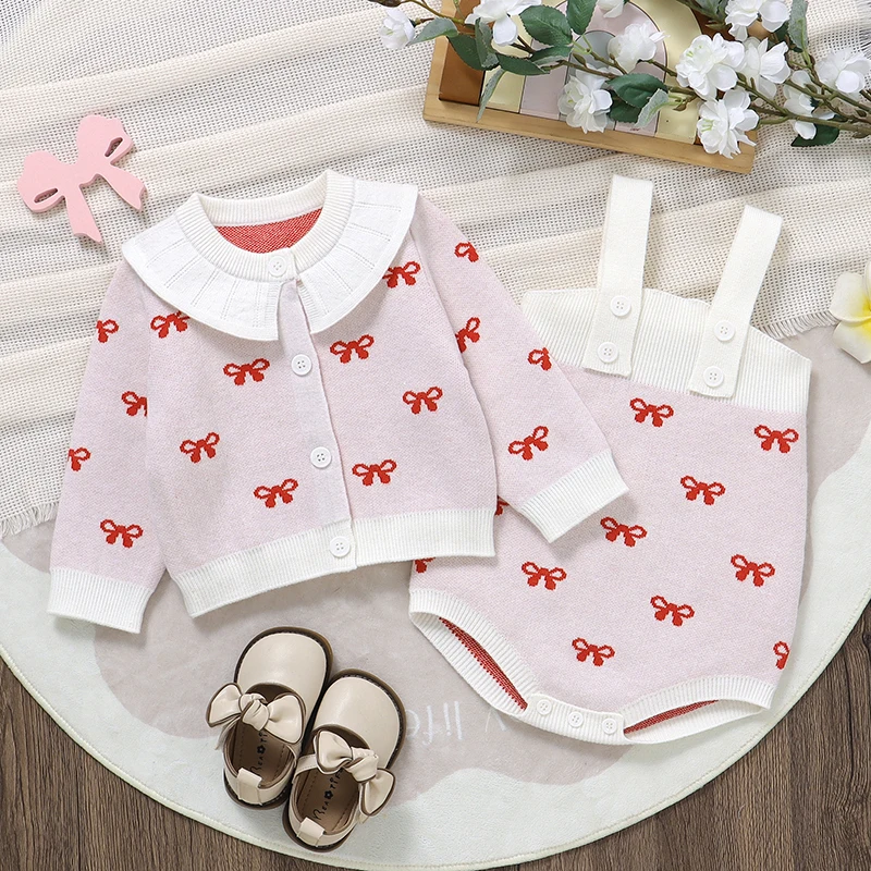 Girls Baby Clothes Set Knitted Newborn Kids Sweater Long Sleeve+Bodysuit 0-18M Fashion Bows Infant Cardigan +Romper 2pcs Autumn