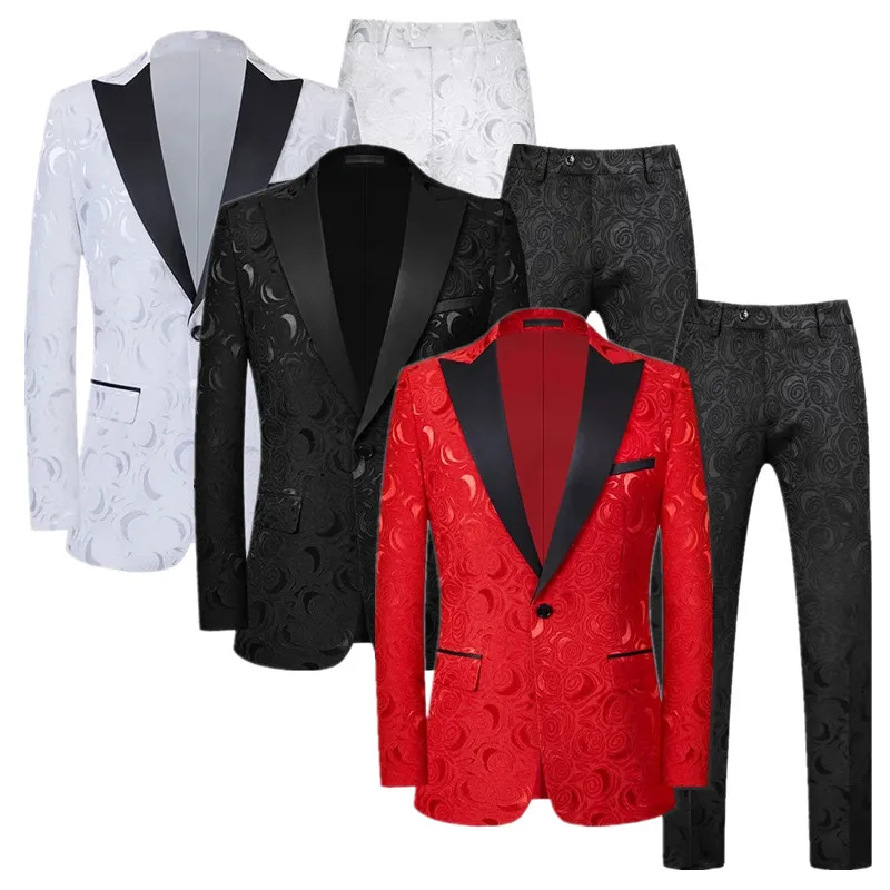 

High End Red Jacquard Suit Men Clothing Black White Fashion Male Luxury Wedding Party Dress Jackets and Pants