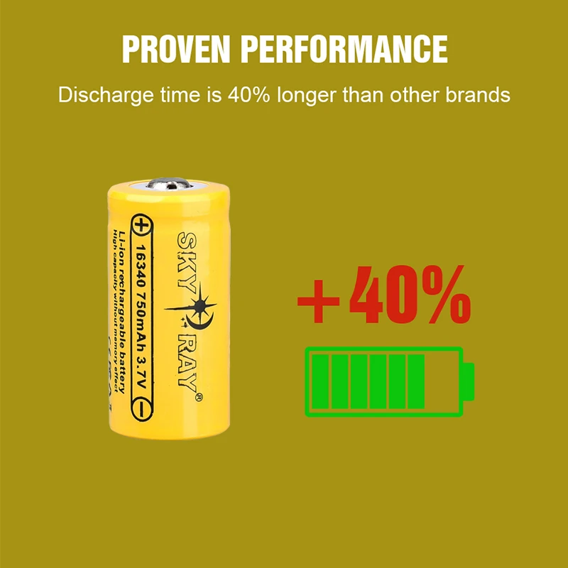 SKYRAY 100% Original 16340 Battery 3.7v Lithium 750mAh Li-ion Cells Rechargeable Batteries for Toys Torch Flashlight