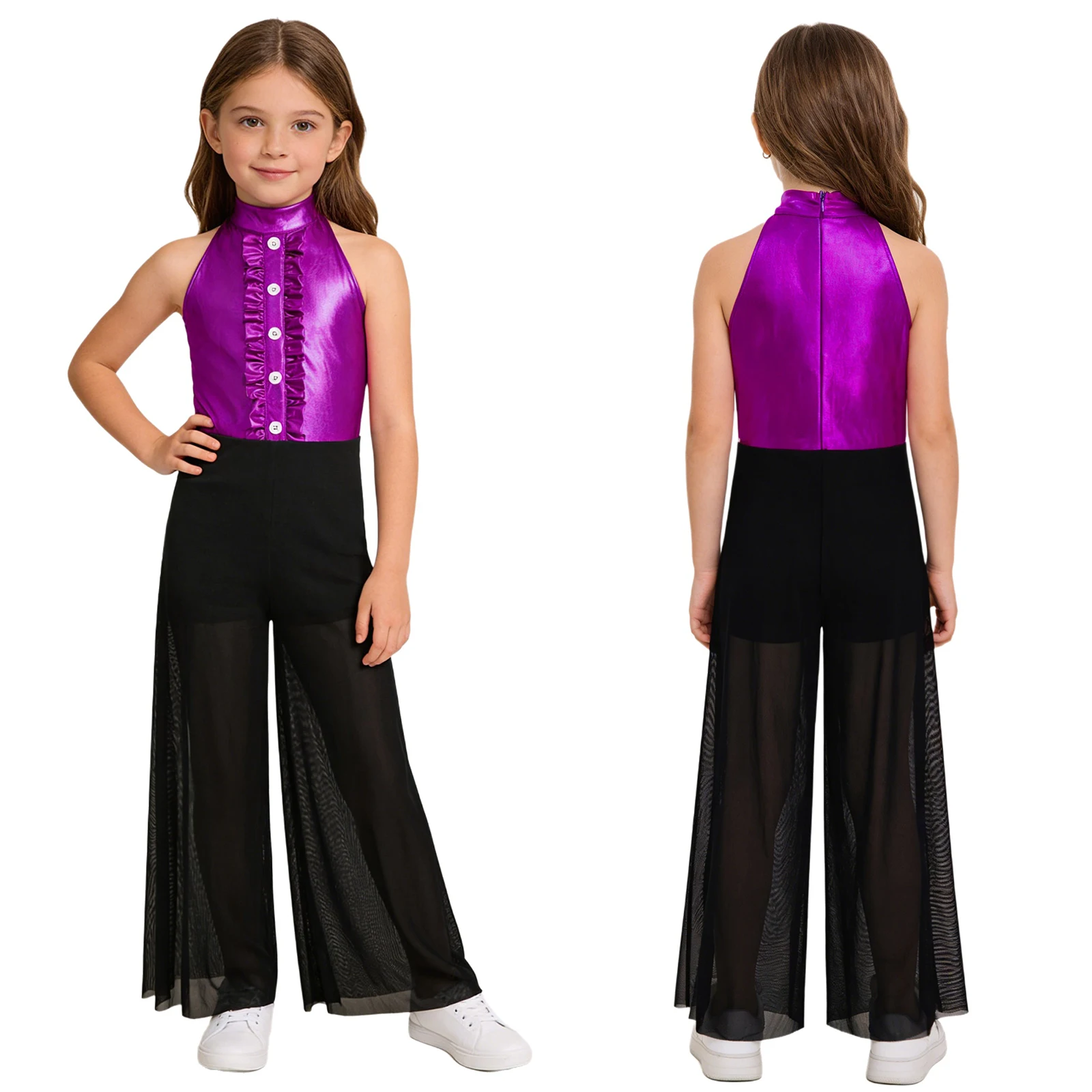 

Girls Fashion Casual Rompers Outfit Disco Jazz Party Dance Bodysuit Sleeveless Back Invisible Zipper Ruffles Metallic Jumpsuit