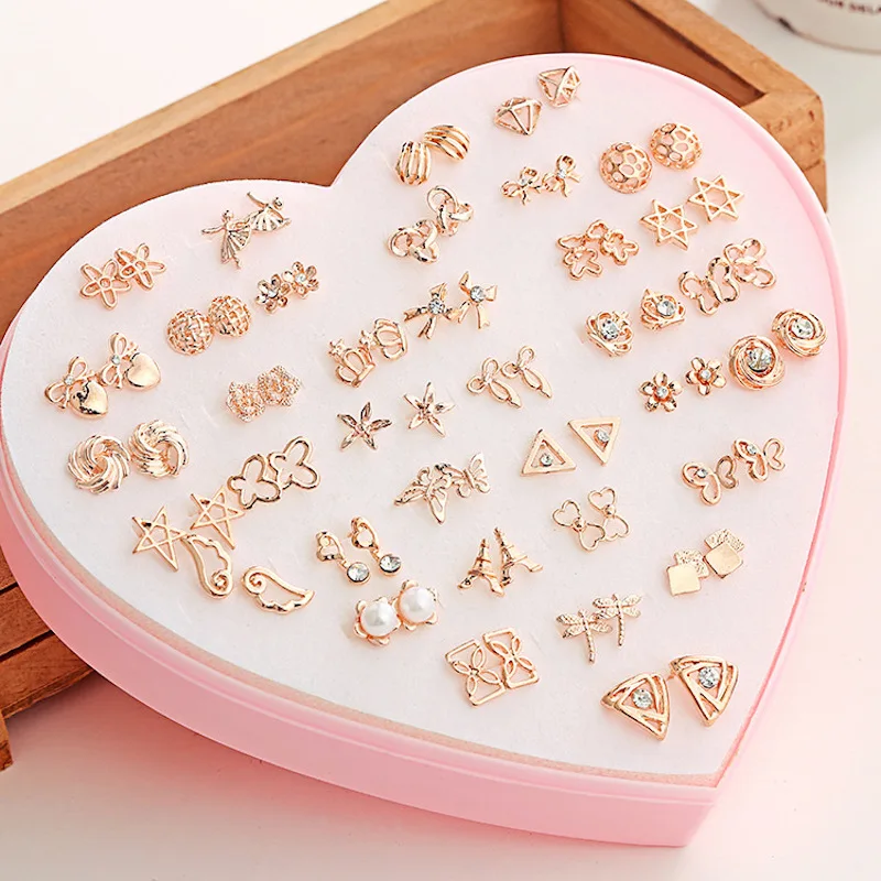 36pairs MIX Youth cute small simple earrings Hot selling heart flower earrings best gift for girlfriend
