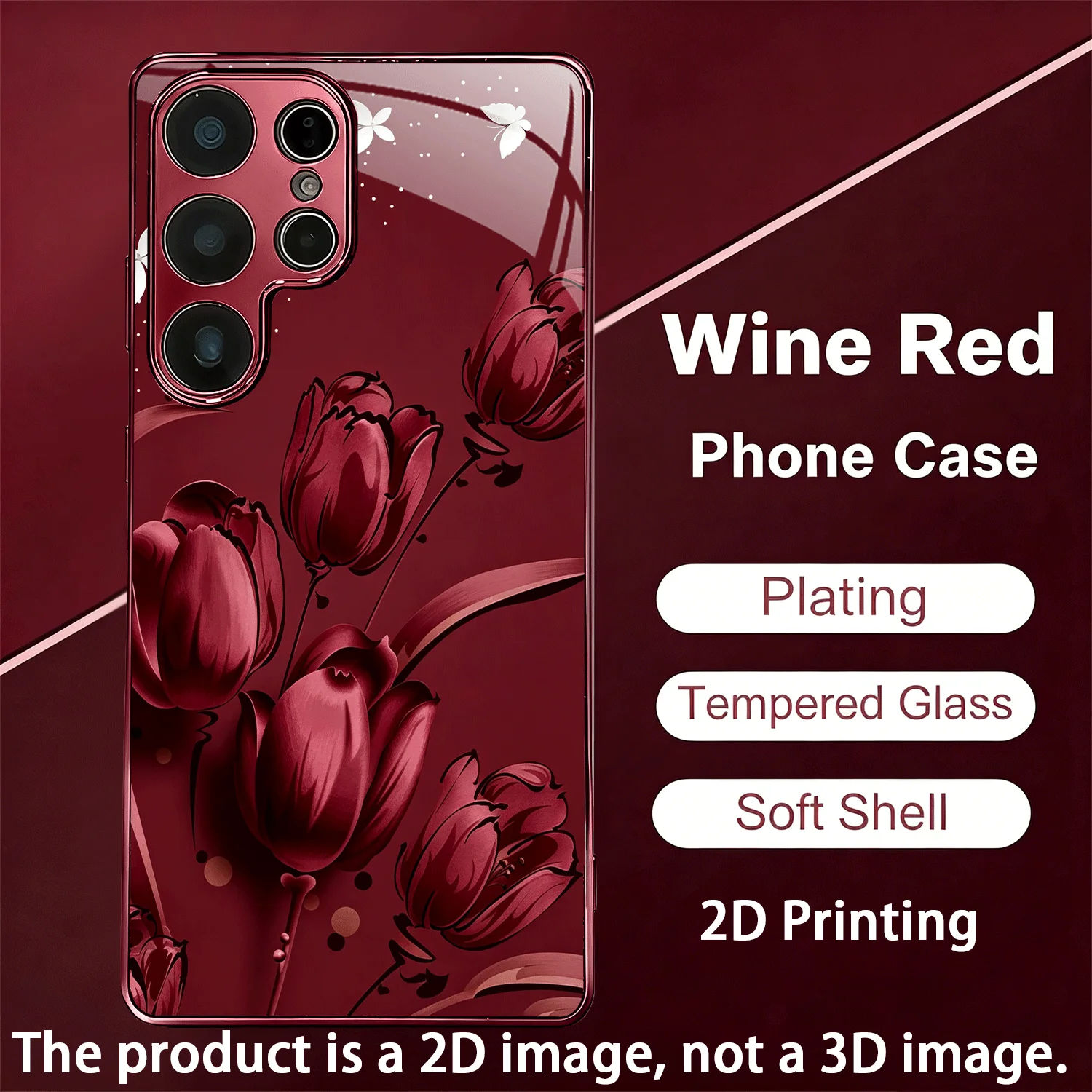 Red wine-colored tulip-pattern electroplated glass phone case for Samsung Galaxy S26 S25 S24 S23 S22 S20FE/Ultra/Plus anti Cover