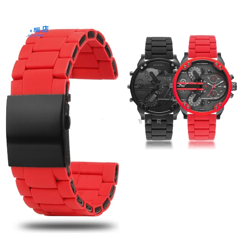 For Diesel Strap RED MAGIC Dz7370 Dz7396 Silicone Coated Steel Comfortable Watch Strap with Double Press Buckle 24 26 28mm