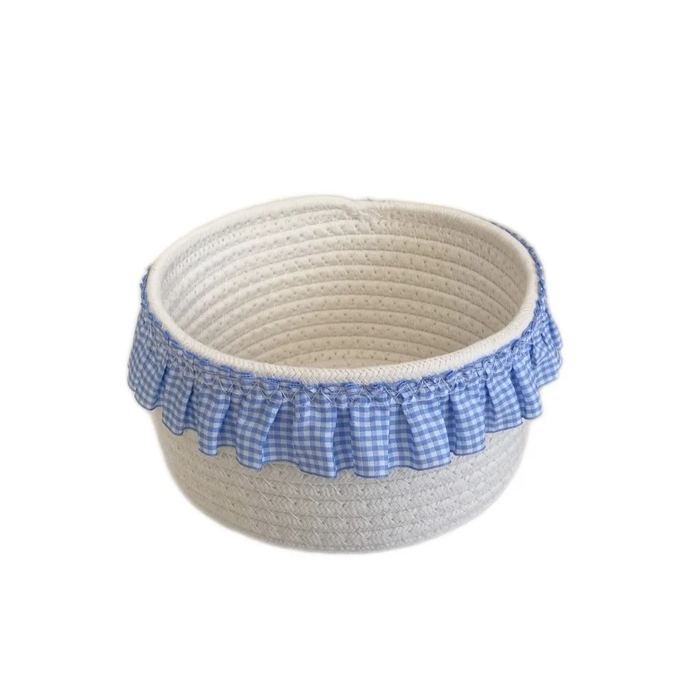 

Blue Sundries Storage Baskets Hand-woven Cotton Rope Cosmetics Storage Bins Cloth Organizer Cute Lace Snacks Basket Bedroom