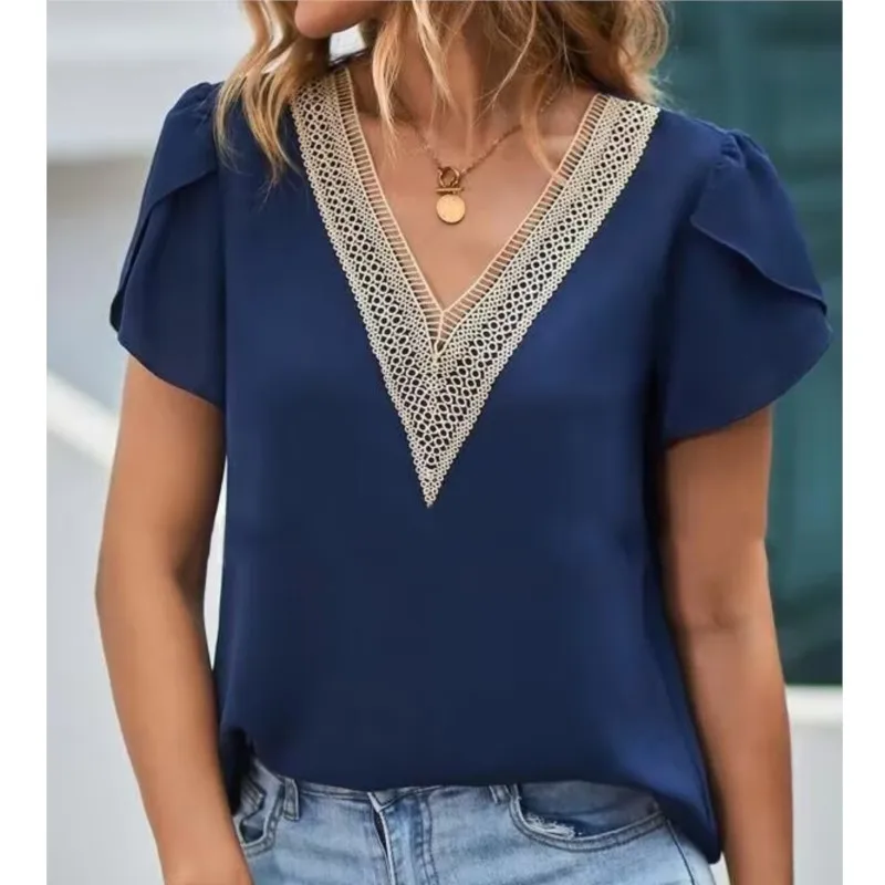 

Summer New Lace Patchwork V-neck Petal Sleeve Short Sleeved Solid Color Shirts Top For Women Elegant Red Pullover Blouses Femme