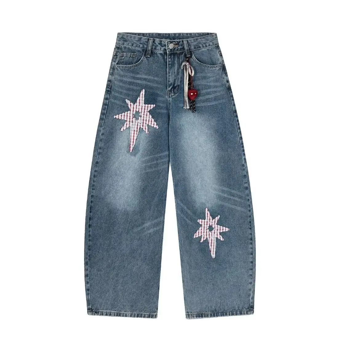 

Bent Knife Jeans Trendy Spring and Autumn Style Personalized Loose Pants American Retro Washed Star Patch Jeans