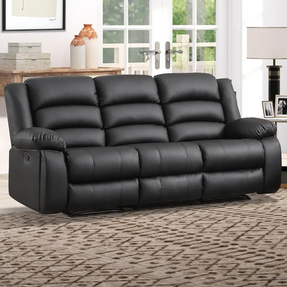 

Leather Manual Reclining Sofa with 2 Hidden Cup Holders, Oversized Armrest, 3-Seat Recliner for Living or Meeting Rooms, Black