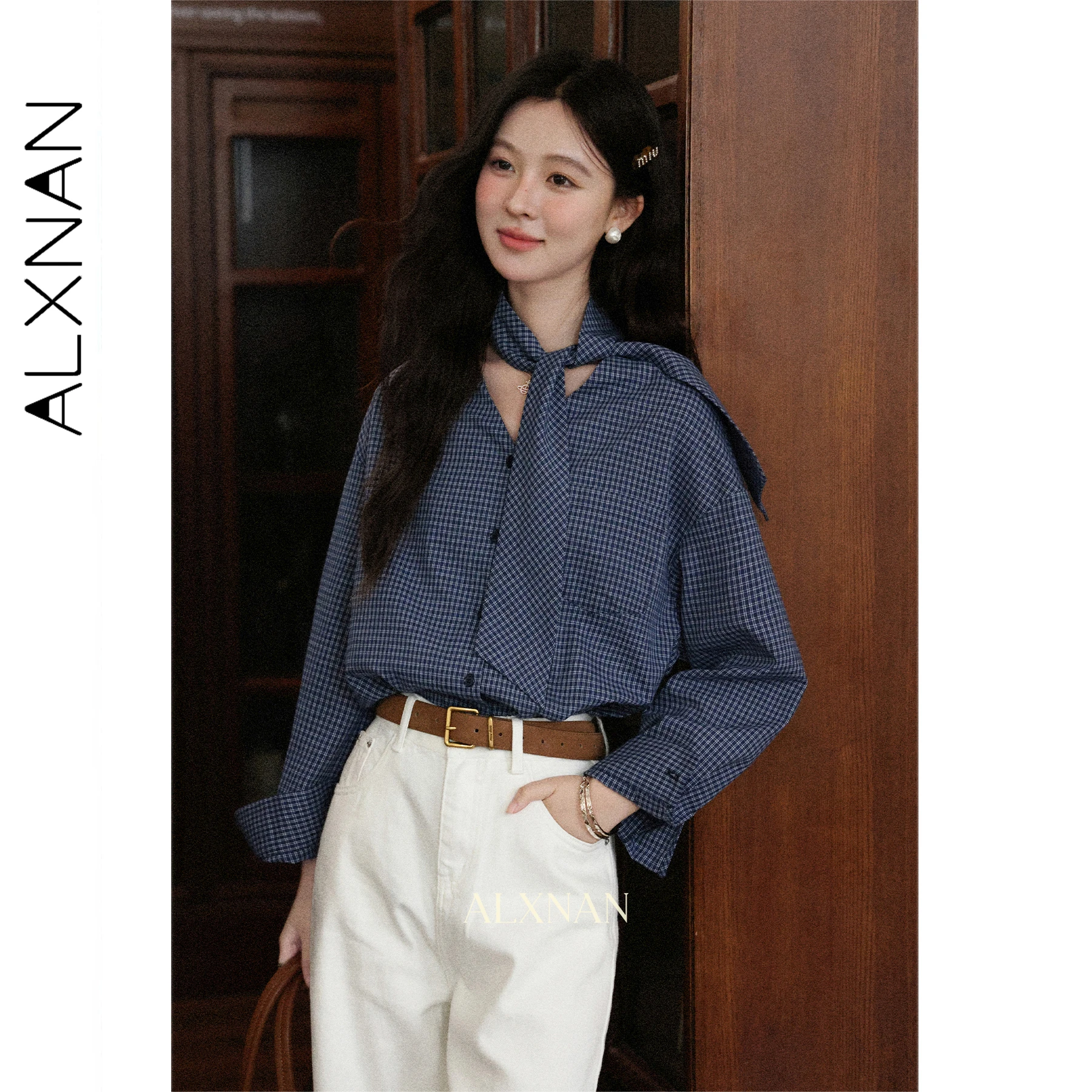 

ALXNAN Women's Plaid Shirt Long Sleeve Button Front Placket Detachable Neck Strap New Early Autumn Loose-Fit Commuter Top L57139