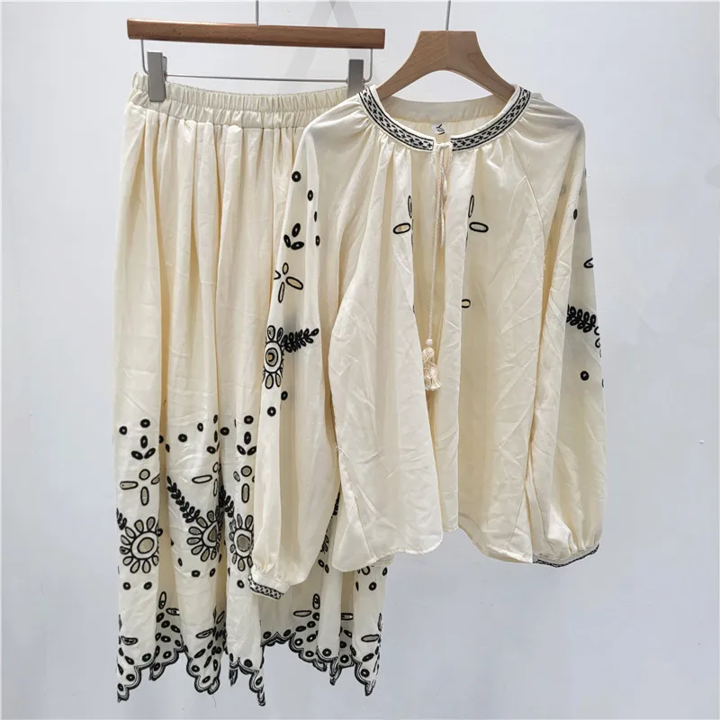 

SuperAen 2026 Spring and Summer New Korean Style Retro Sweet Embroidered Linen Long-sleeved Tops A-Line Skirt Sets