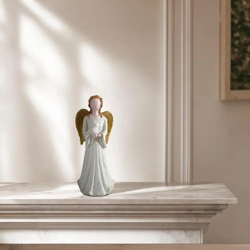 Gold Wing Angel Ornament Faceless Angel Decoration Hand-painted Resin Angel Figurine with White Skirt Faceless Statue for Home