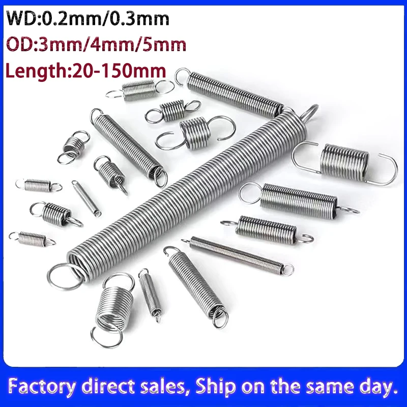 

5Pcs Tension Spring WD:0.2m/0.3mm 304 Stainless Steel Extension Spring OD 3/4/5mm Length; 20mm to 150mm Customizable