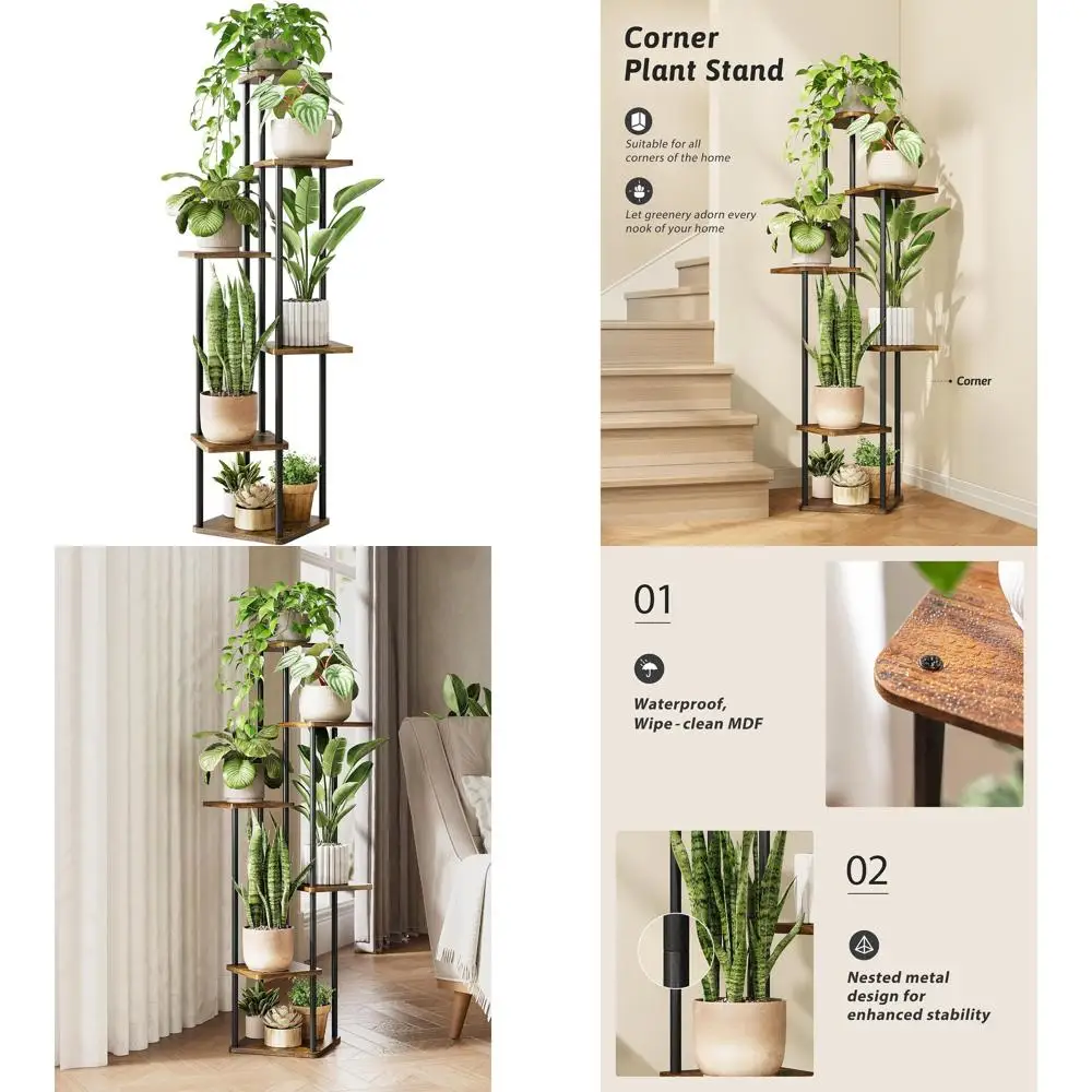 

Многоярусная подставка для растений (6 ярусов), высокая, для дома, для нескольких растений, угловая, деревянная, металлическая, для гостиной