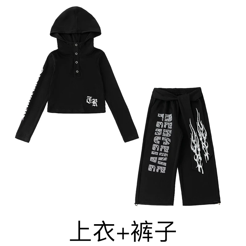 2025 中国風ジャズダンスパフォーマンス衣装女の子のための黒パーカートップスルーズパンツストリートヒップホップ服 DQS20722