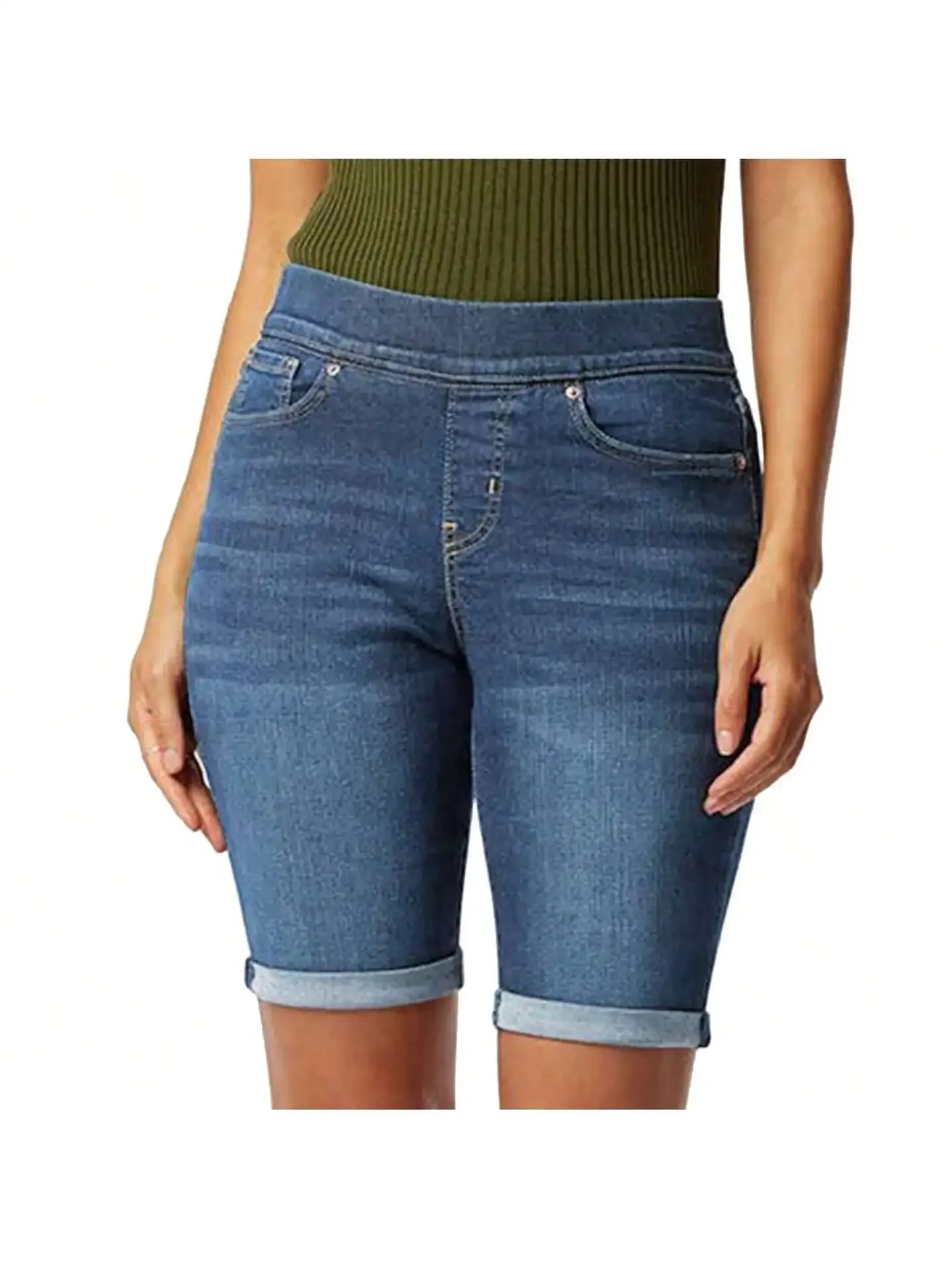 جينز نسائي سادة مغسول بخصر مطاطي جينز ضيق بطول الركبة من قماش الدنيم أساسيات متعثرة مطرزة صيفية