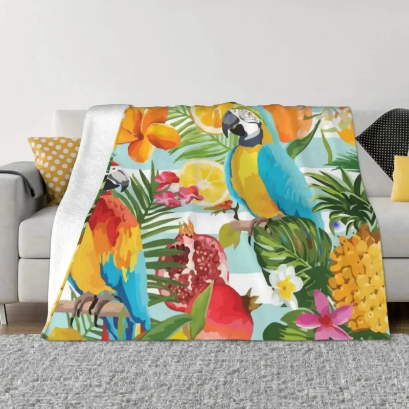 

Cute Macaw Tropical Forest Fruits Blankets Flannel Parrots Cockatiel Animal Soft Throw Blanket for Outdoor Travel Bedroom Quilt