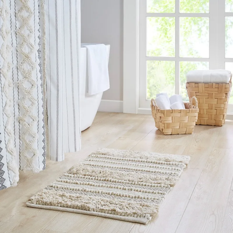 

Natural Bath Rug Woven Texture Stripe Pattern Ideal For Bathroom Decor Function Machine Washable For Easy Care