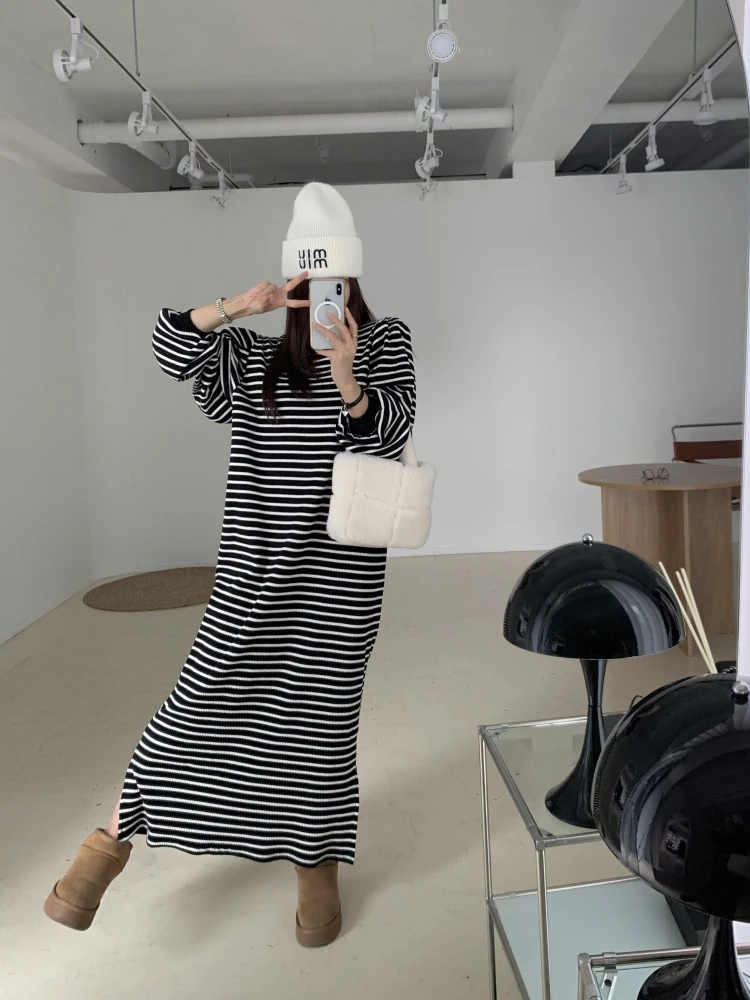 Casual listra longa dr feminino faion retro cor blo el fenda lateral camada base solta dr coreano sle redondo ne