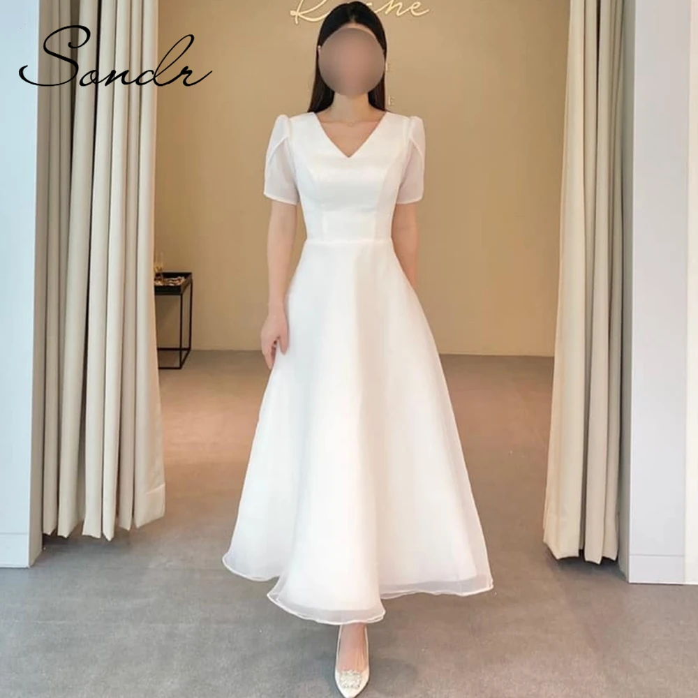 

Sondr Elegant Women Prom Dresses V-Neck Short Sleeves Ankle-Length Wedding Party Dresses Korean Evening Dresses Customized