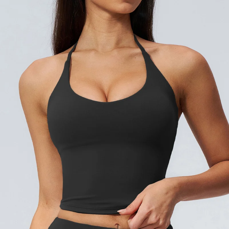 Yoga Tank Top With Halter Neck Straps V Slim Fit Pilates Sexy Cross Training Workout Sports Vest Seamless Women Gym Yoga Bra