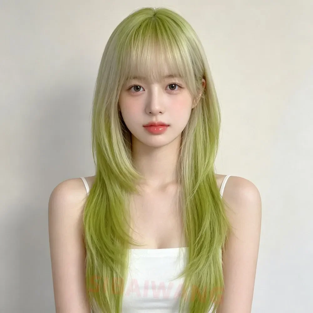 Ombre Green Long Straight Layered Wig with Bangs for Women Heat Resistant Synthetic Hair Natural Wig for Daily Cosplay Party