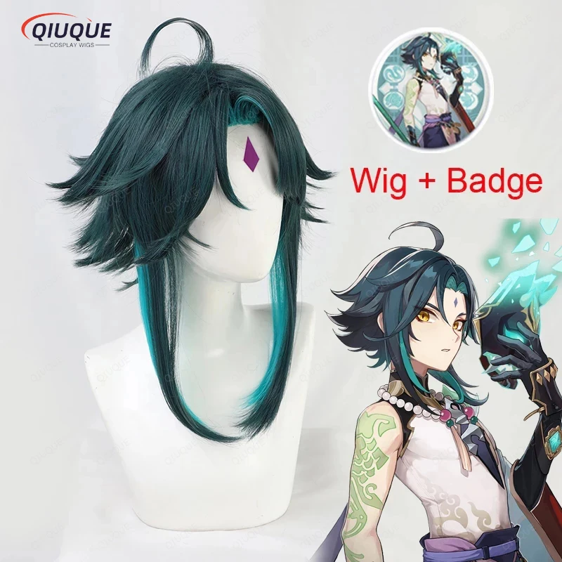 

Game Impact Xiao Cosplay Wig Mixed Dark Green Blue Short Heat Resistant Synthetic Hair Anime Wigs + Wig Cap + Badge