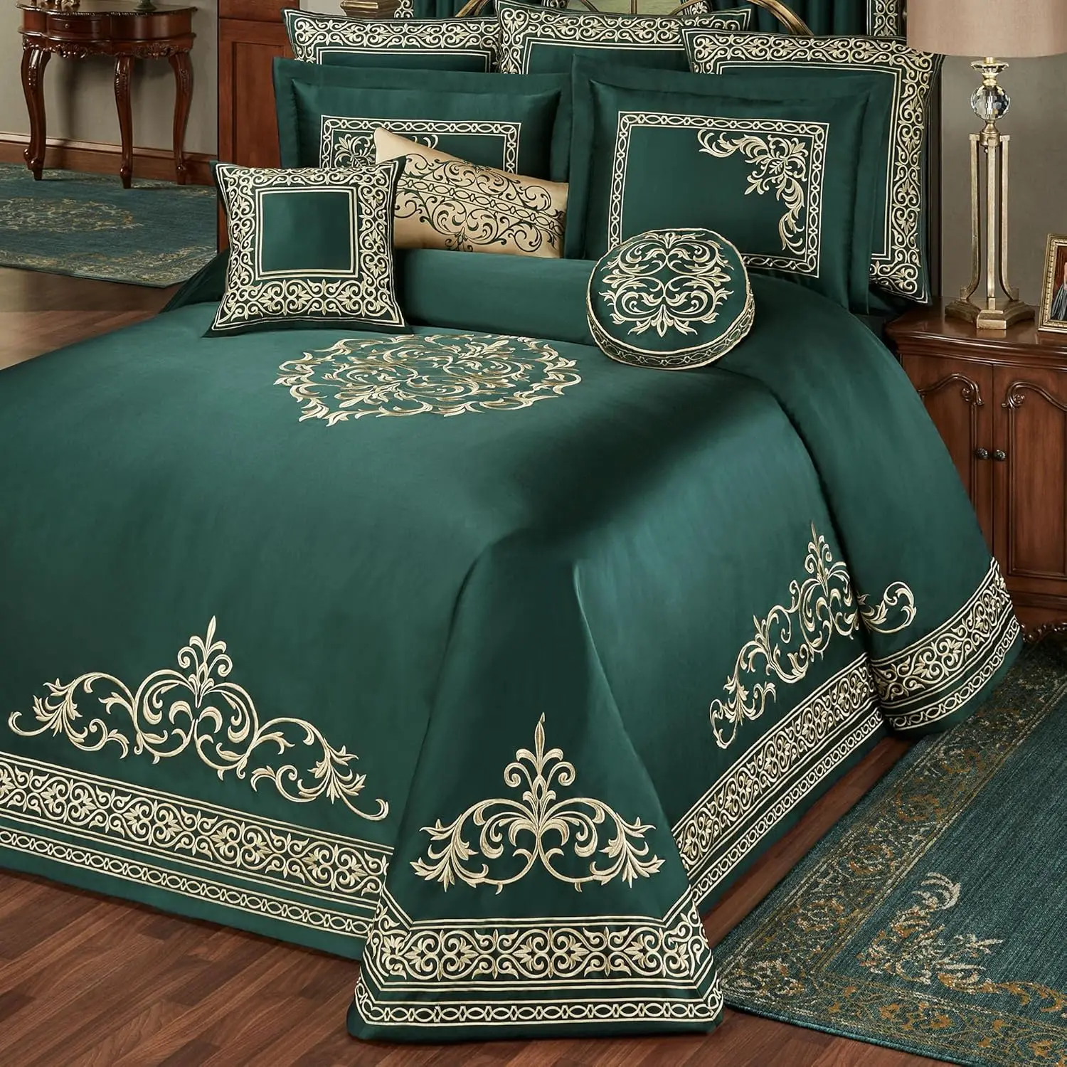 Touch Of Class Balmoral Luxury Bedding | Emerald Green | Palace-Inspired Golden Scrollwork Embroidery On Sateen 6 Piece Set