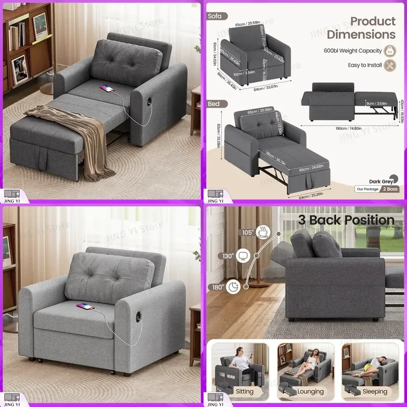 3-in-1 Convertible Sofa Bed Single Pull Out Sleeper Chair with USB Charging Port Side Pocket Living Room Guest Room Small