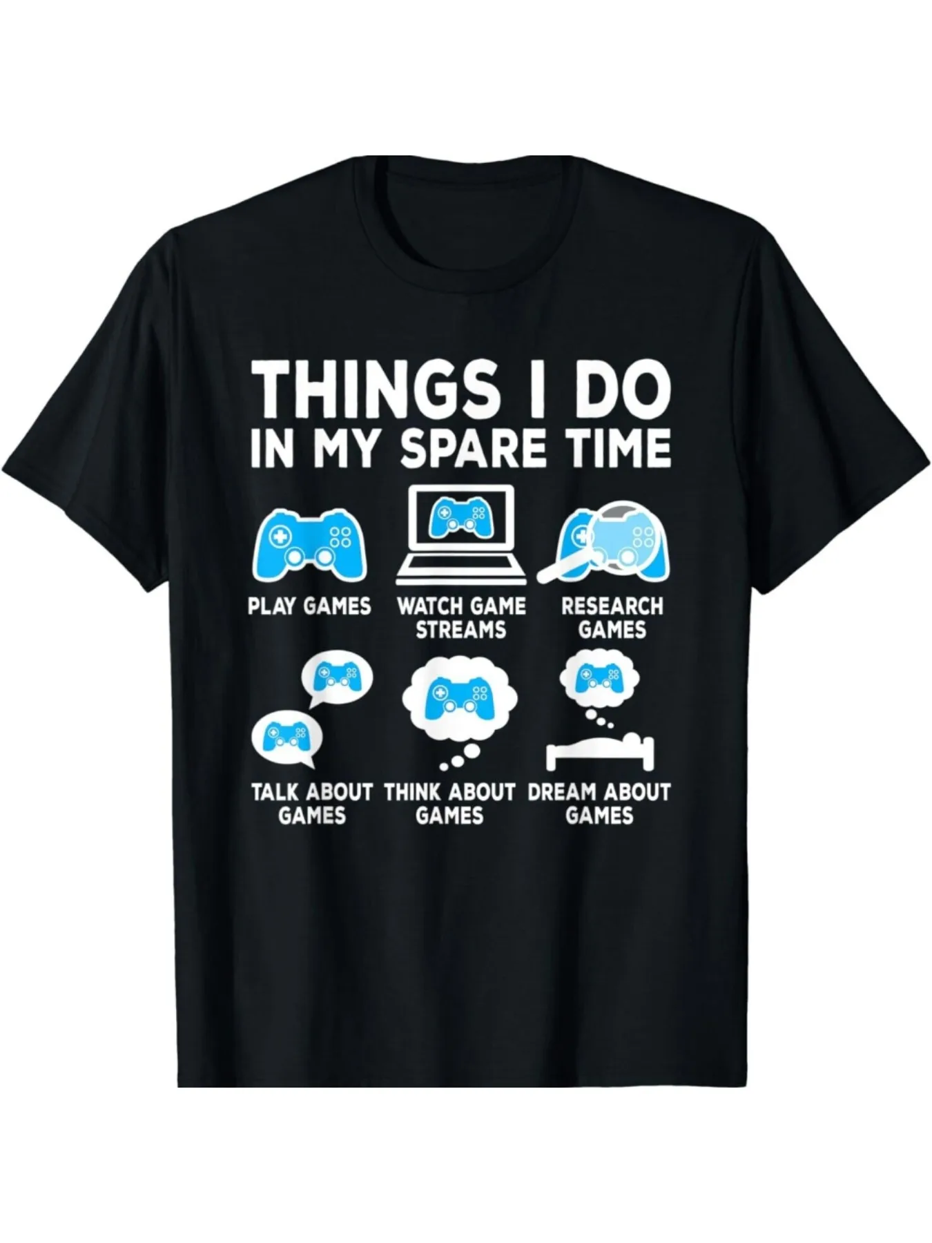 THINGS I DO IN MY SPARE TIME Graphic Black T-Shirt - Features Play Games, Watch Game Streams, Research Games Icons with Thought Bubbles for Gamers, Fun Casual Wear for Gaming Enthusiasts