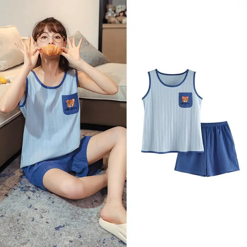 여름 새 코튼 여성 Nightwear 여성 느슨한 캐주얼 잠옷 레이디 민소매와 반바지 Sleepwear Cartoon Homewear