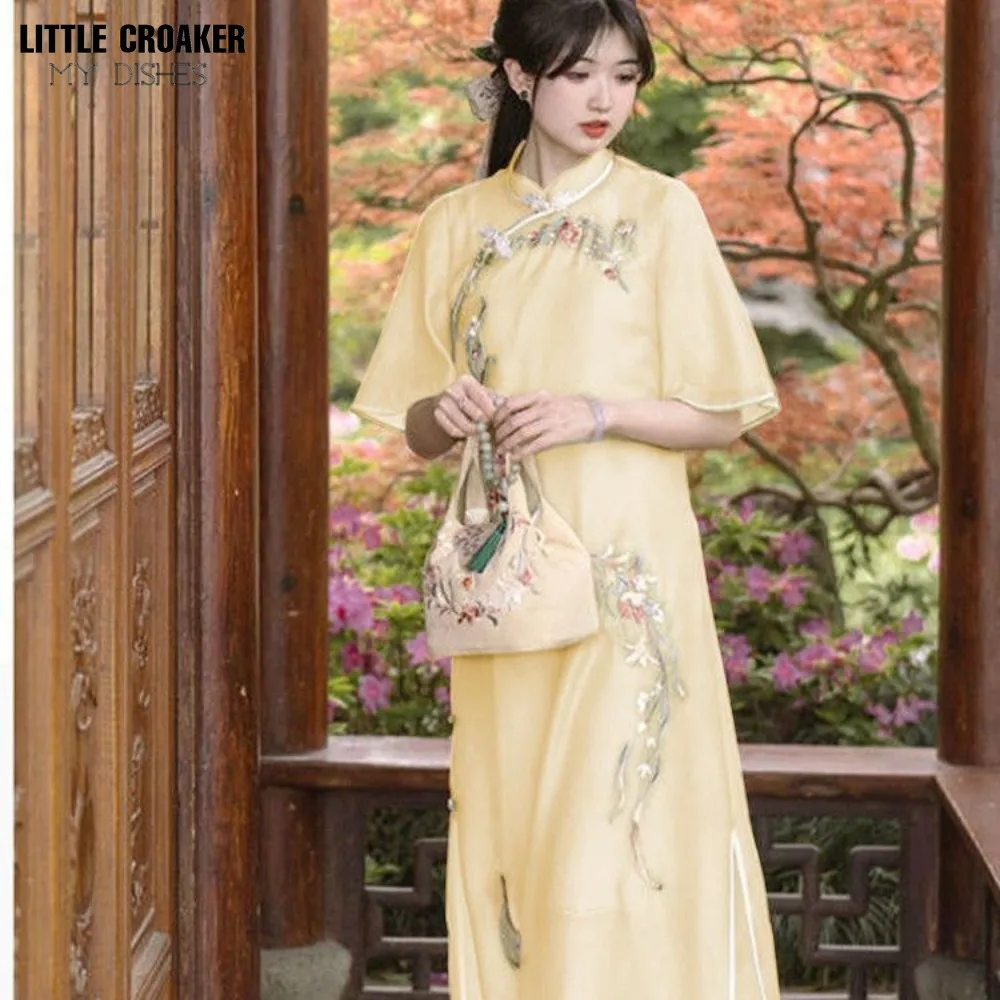 2023 Summer New Improved Cheongsam Chinese Style Kimono Sleeve Mandarin Collar Ancient Yellow Women Qipao Dress Modern