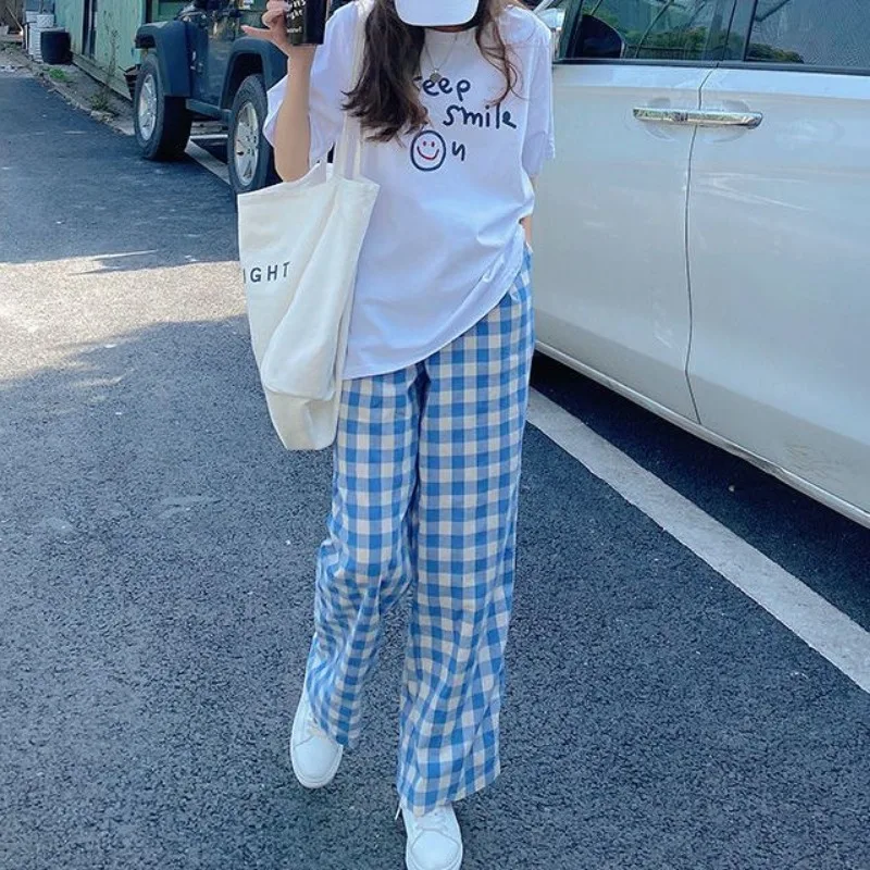 Summer Pants Women Harajuku Plaid High Waist Lovely Students Korean Style Holiday Street Popular Baggy Simple Casual Trousers